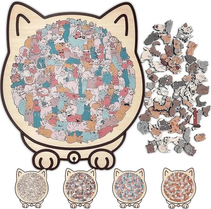 135-Piece Morandi-Colored Cat Shaped Wooden Jigsaw Puzzle, Cute Cat Puzzle, Challenging Irregular, Cute Home Decor for cat Lovers (F)
