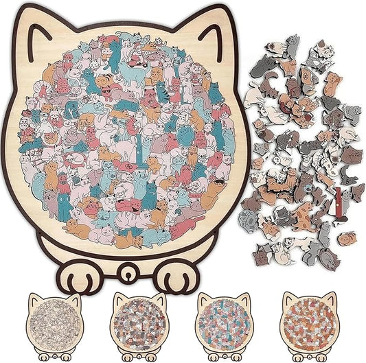 135-Piece Morandi-Colored Cat Shaped Wooden Jigsaw Puzzle, Cute Cat Puzzle, Challenging Irregular, Cute Home Decor for cat Lovers (F)