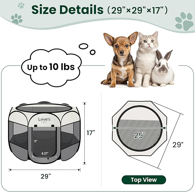 Love's cabin Pet Puppy Dog Playpen, Small Dog Tent Crates Cage Indoor/Outdoor, Portable Playpen for Cat, Foldable Pop Up Dog Kennel Playpen with Carring Case, Removable Zipper Top, Grey
