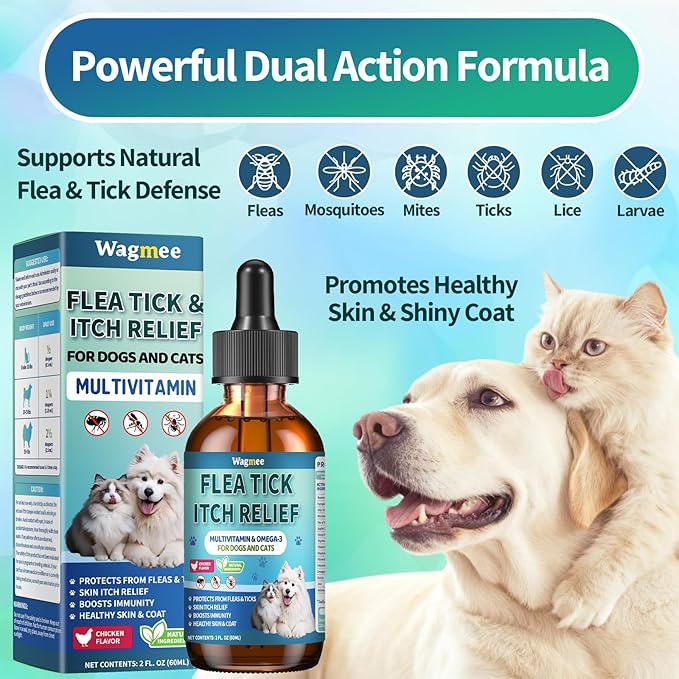 Flea and Tick Prevention for Dog and Cat, Natural Oral Flea & Tick Itch Relief Support Drops with Multivitamin for Pets - Supports Healthy Skin & Coat - Oral Supplement for All Breeds & Ages - Chicken