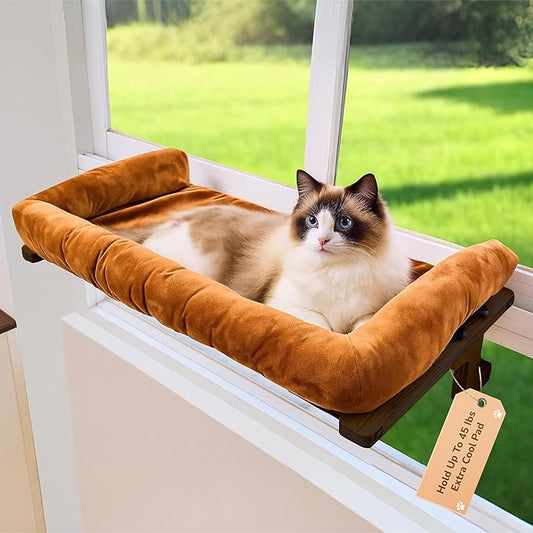 45LBS Capacity Cat Window Perch with Bolster, Hammock Seat with Plywood & Metal Frame, Cat Window Bed for Indoor Cats & Kitten, Extra Cood Pad (Walnut Wood & Brown Cushion, 24.8''W x 9.4''H)