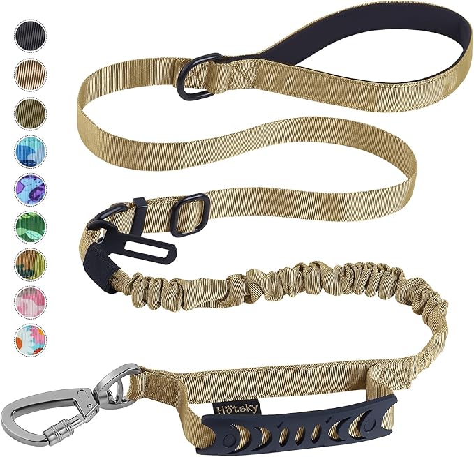 Hotsky Tactical Dog Leash Heavy Duty,4-6Ft Strong Bungee Shock Absorbing Lead with Padded Double Handle,Car Seatbelt,Metal Carabiner Clip,No Pull Leash for Small Dogs,Khaki