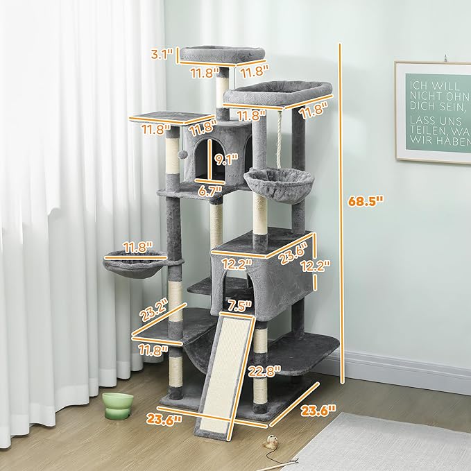 PawHut Cat Tree, 69" Multi-Level Large Cat Tower with 8 Scratching Posts, 2 Condos, 3 Hammocks, Scratching Ramp, 3 Perches, Dangling Toys, Activity Center for Indoor Kittens, Dark Gray