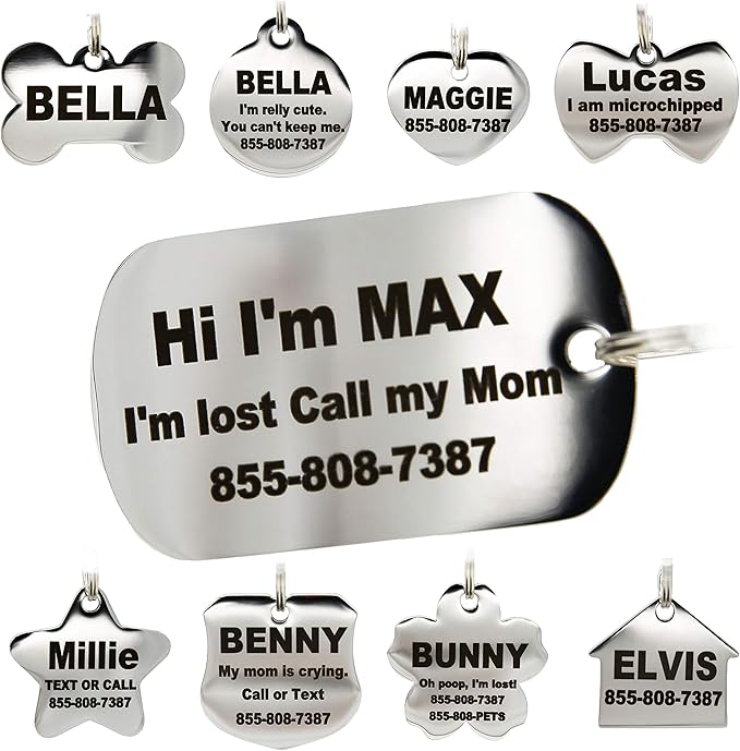 Stainless Steel Pet ID Tags - Engraved Personalized Dog Tags, Cat Tags Front & Back up to 8 Lines of Text – Bone, Round, Heart, Flower, Badge, House, Star, Rectangle, Bow Tie