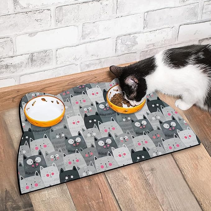 Cat Food and Water Bowl Mat - Pet Feeding Absorbent Placemat for Floor, Grey Small 17.7 * 9.8 Inch