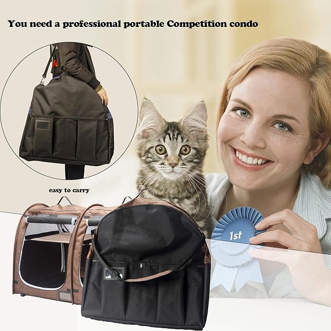Mispace Portable Twin Compartment Show House Cat Cage/Condo - Easy to Fold & Carry Kennel - Comfy Puppy Home & Dog Travel Crate with Portable Carry Bag/Two Hammocks/Mats and Collapsible Litter Box