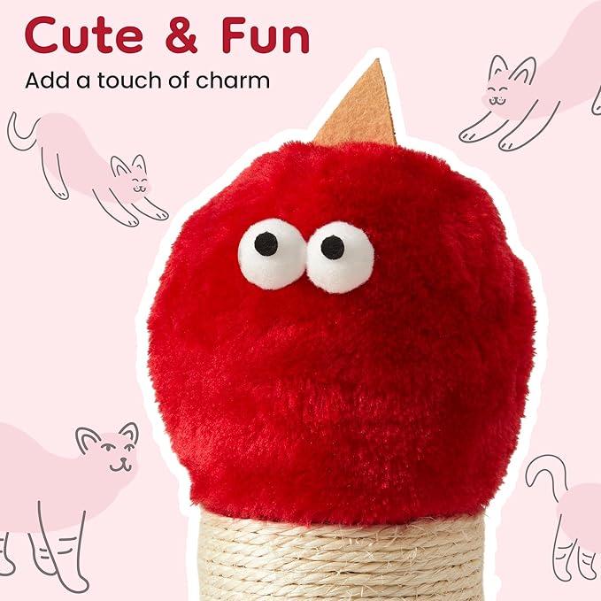 22" Cat Scratching Post, Sisal Cat Scratcher with Interactive Hanging Toy, Monster Scratch Pole for Indoor Cats, Cute Cat Scratch Post for Kittens & Large Cats, Red