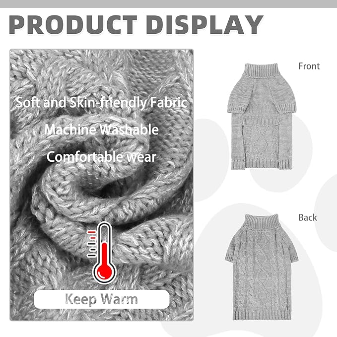 KOOLTAIL Thermal Knitted Dog Sweater for Small Medium Large Dogs, Turtleneck Cable Knit Doggy Winter Coat Warm Clothes Sweatshirt Outfits for Cold Weather,Pullover Pet Jumper for Puppy Cats Grey XL