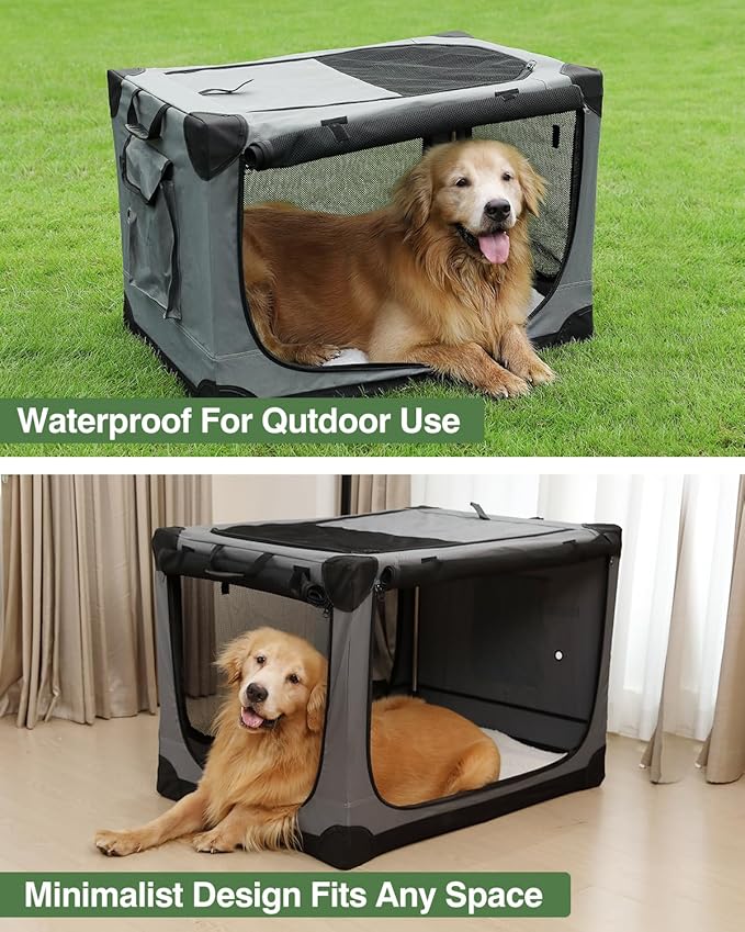 24 Inch Collapsible Travel Dog Crate for Medium Large Dogs, Portable Dog Crate 4-Door Foldable Soft Kennel with Durable Mesh Windows for Indoor & Outdoor Travel, with Storage Bag,Grey