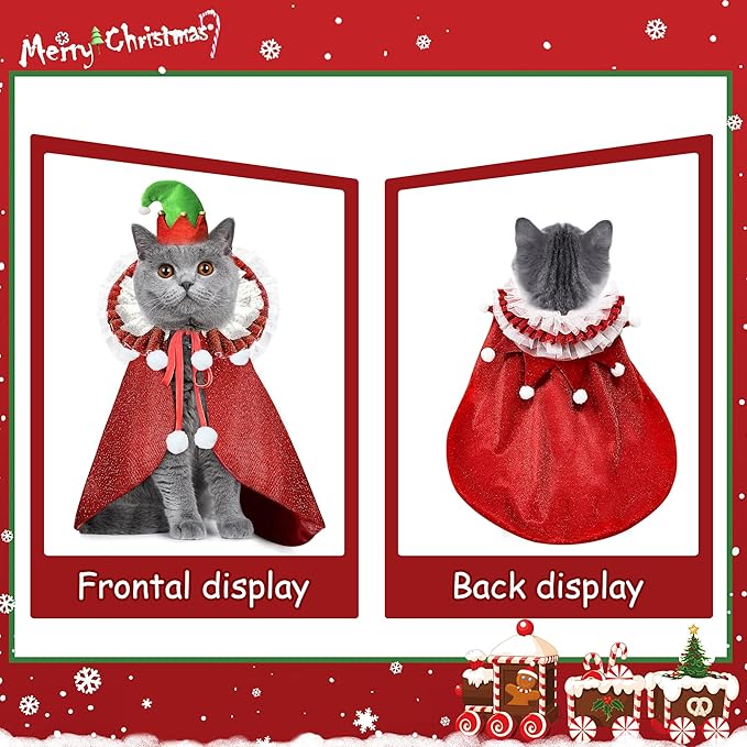KOUPA Pet Christmas Costume with Hat, Dog Halloween Clothes Cosplay Wizard Cloak for Small Puppy Kitten Animal, Shiny Cat Outfit Suit for Party Holiday, Red