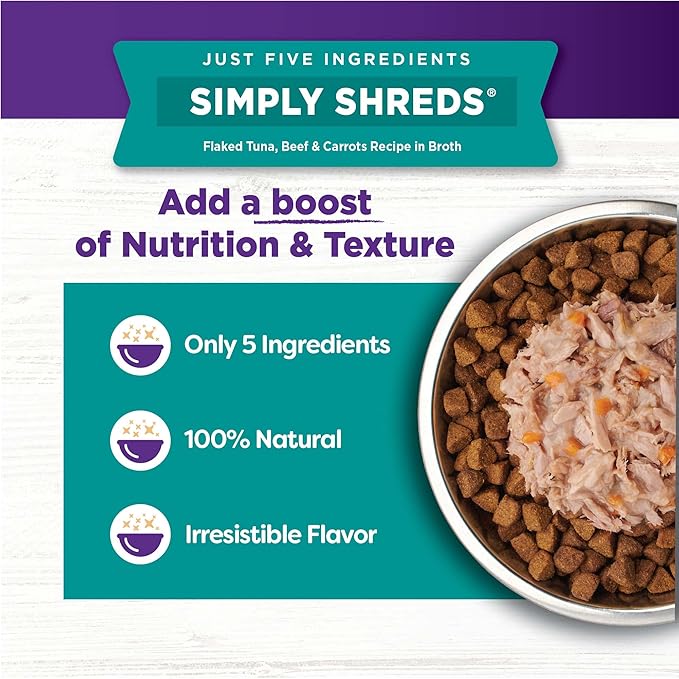 Wellness Bowl Boosters Simply Shreds Wet Dog Food Topper for Small, Medium, & Large Breeds, Grain Free, Natural, Tuna, Beef & Carrots, 2.8 Ounce Pouch (Pack of 12)