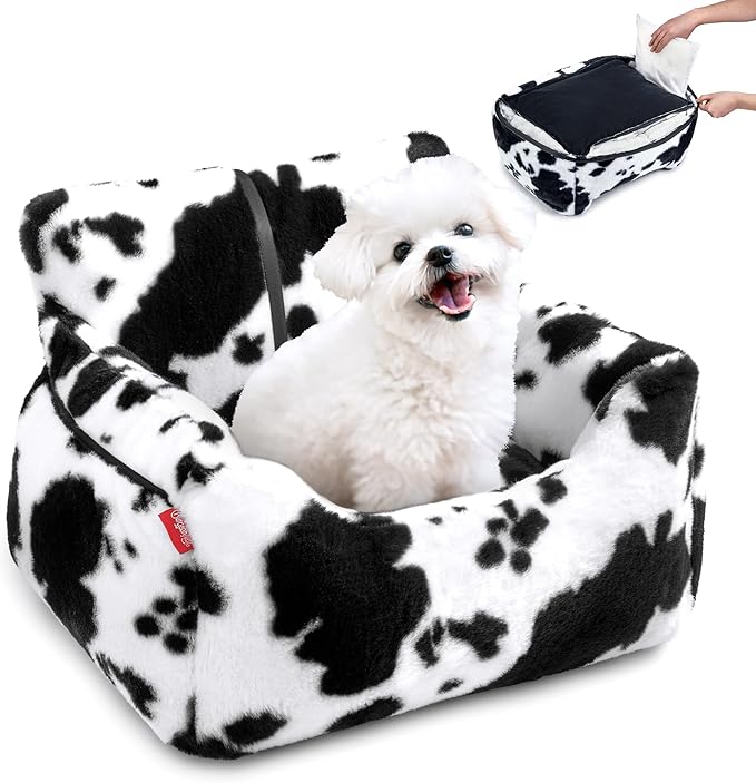 BurgeonNest Dog Car Seat for Small Dogs, Detachable and Washable Cat Carseats Under 25 lbs, Soft Pet Booster Seats with Storage Pockets and Clip-On Leash Portable Car Travel Carrier Bed, Milk Cow