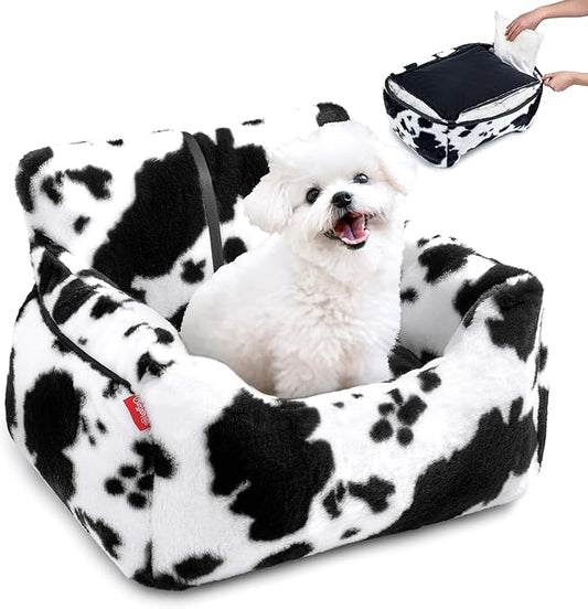 BurgeonNest Dog Car Seat for Small Dogs, Detachable and Washable Cat Carseats Under 25 lbs, Soft Pet Booster Seats with Storage Pockets and Clip-On Leash Portable Car Travel Carrier Bed, Milk Cow