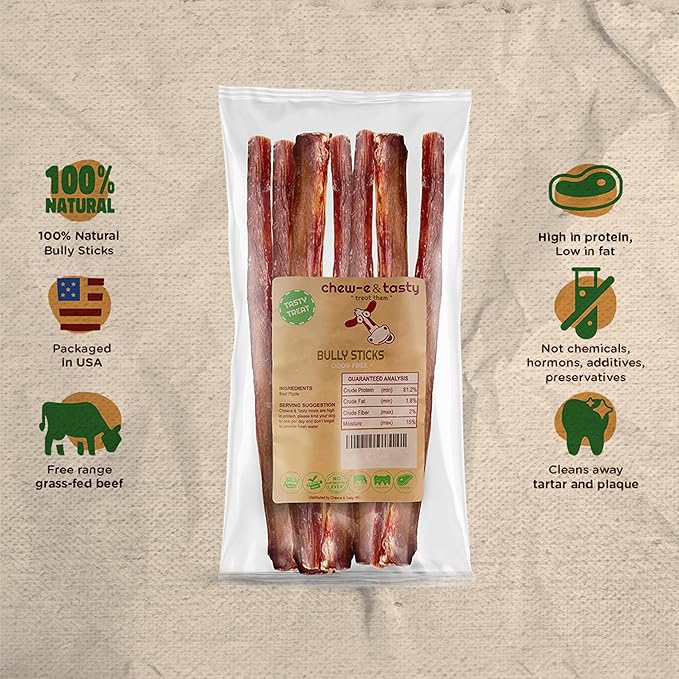 chew-e&tasty 12" Thick Bully Sticks for Dogs (Pack of 10) - Thick Chews for Dogs, Fully Digestible Beef Treats, Supports Dental Health, Long Lasting Beef Chews