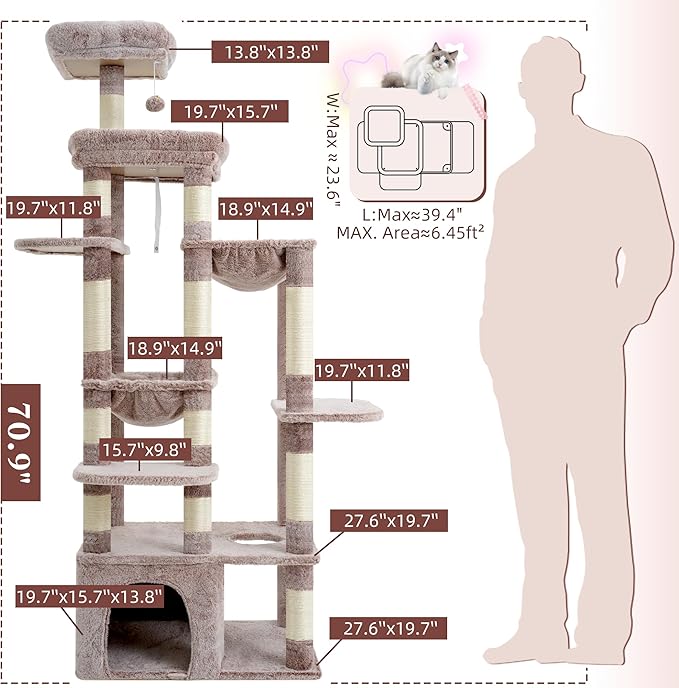 Heybly Cat Tree, 71-Inch Tall Cat Tower for Large Maine Coon Cats with Extra-Large Baseboard, Cat Condo Furniture with Multi-Level Platforms, 2 Hammocks and 12 Scratching Posts, Muchroom HCT037MU