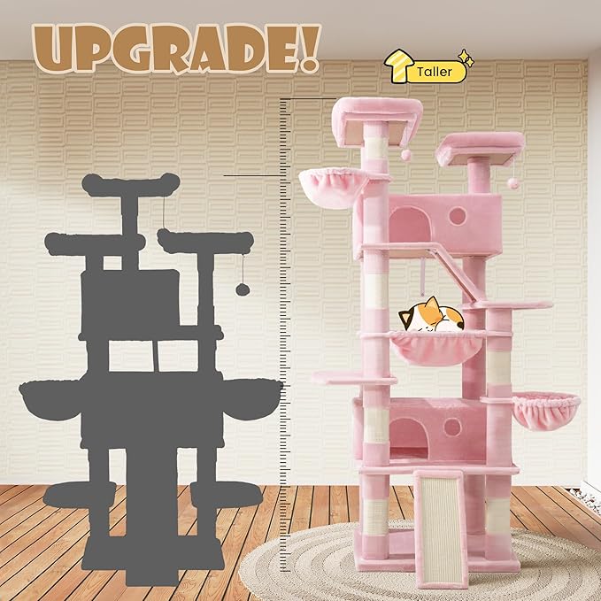 SHA CERLIN 81in Multi-Level Tall Cat Tree Tower for Indoor Kitties/Larger Cat Condo Furniture with Hammock/Cozy Pussycat Perches/Sisal Scratching Posts/Pet House/Wide Base/Pink