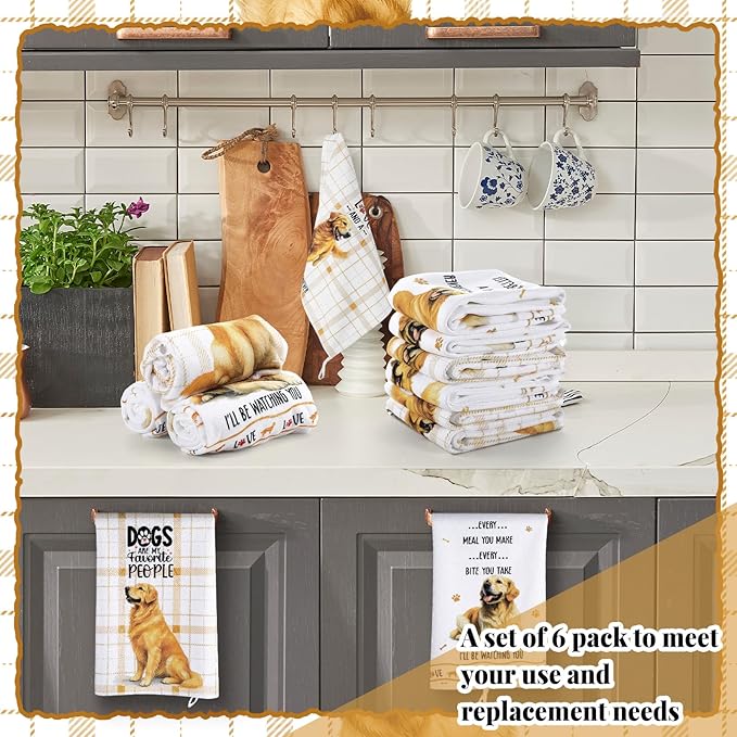 Redbaker 6 Pcs Golden Retriever Kitchen Towels Funny Dish Towel Gifts for Golden Retriever Lovers Kitchen Hand Tea Dishcloth Dog Owner Decorative with Hanging Loop for Christmas Home Housewarming Gift