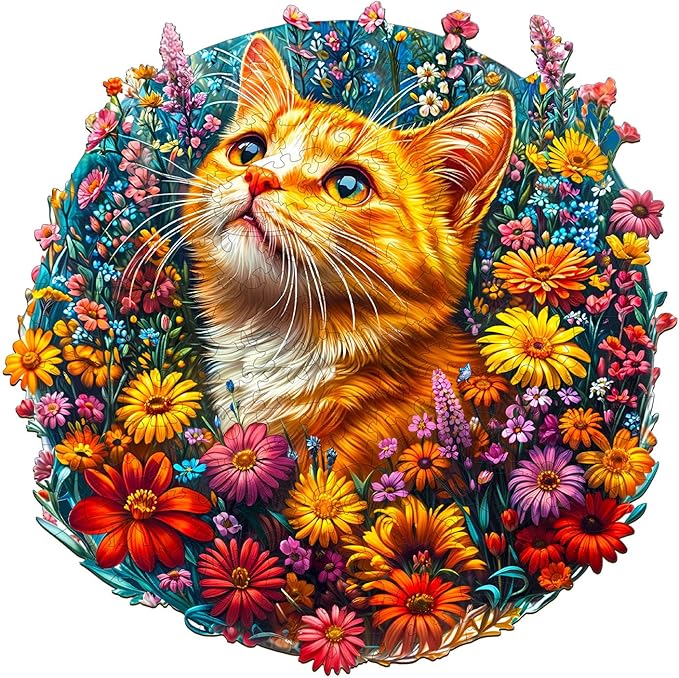 KAAYEE Wooden Puzzles for Adults, Cat in Flowers 280 Piece Unique Animal Shape Puzzle, Cat Wood Puzzle for Adults, Creative Gifts for Friends/Family, Home Decor(13.4 * 13.4in)