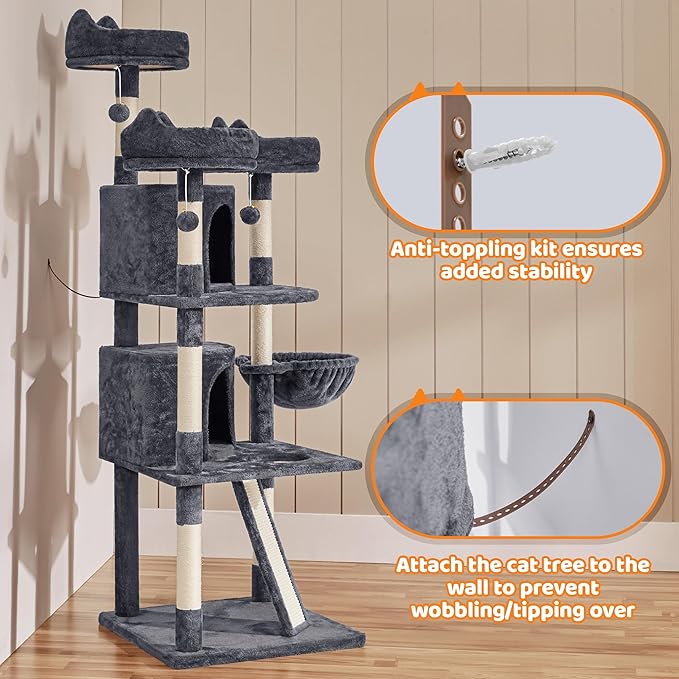 Yaheetech 68.5in Cat Tree for Large Cats, Multi-Level Cat Tower with 3 Wide Perches, Large Condo, Stable Pet Play House w/Sisal-Covered Scratching Posts & Board, Dark Gray