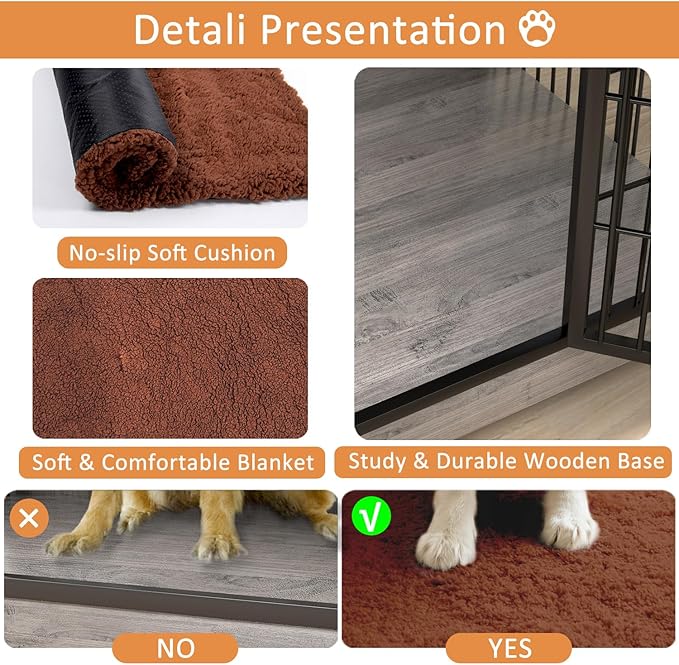 Dog Crate Furniture with Cushion,38" Wooden Dog Crate nightstand with Double Doors, Grey Kennel Indoor with Wheels, Decorative Pet House for Medium Large Dog