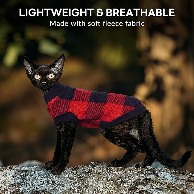 PUMYPOREITY Winter Warm Cat Sweater with Stretch Ribbed Collar & Cuffs, Snug & Secure Fit with Soft Plush Fleece, Easy-On Cat Sweatshirt for Indoor/Outdoor Use,Red, M