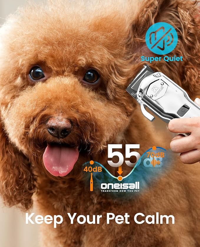 oneisall Dog Clippers for Grooming Thick Hair Professional,Cordless/Rechargeable Pet Grooming Kit with Detachable Metal Combs, Low Noise Heavy-Duty Pet Clippers for Thick/Curly/Fine/Wavy Hair (Sliver)