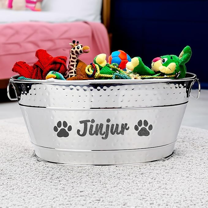 BREKX Personalized Metal Dog Toy Bin - Copper Galvanized Storage Bin with Handles, Basket for Pet Toys, Dog Toy Box, Pet Storage - Custom Dog Name Gift (Medium - Silver)