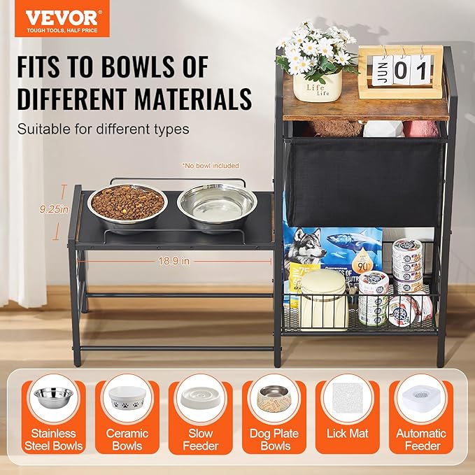 VEVOR Pet Feeding Station with Storage, Elevated Dog Bowls, Raised Dog Bowl Stand, Dog Food Storage and Feeder Station with Storage Shelves, Pet Toy Storage Organizer, for Large Medium Small Dogs