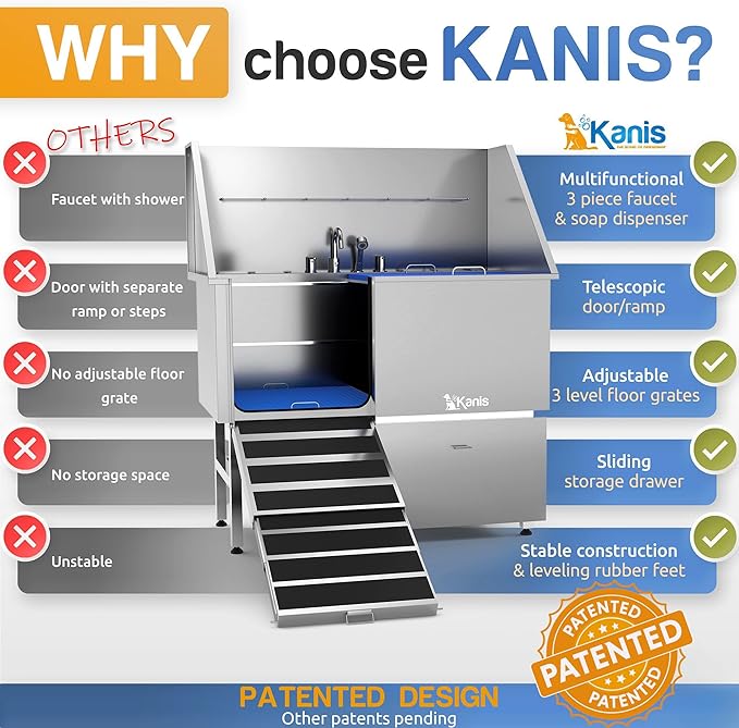 KANIS - 50" Professional Stainless Steel Dog Bathing Station, Left RAMP + 49" Professional Electric Dog Grooming Table, Black