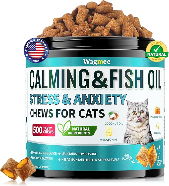Wagmee Cat Calming Treats - 500 Crunchy & Creamy Cat Chews with Melatonin, Chamomile for Cat Stress and Anxiety Relief - Travel, Vet Visits, Storms and Separation Anxiety, Chicken and Krill Flavor