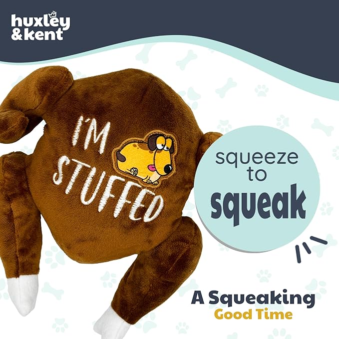 Huxley & Kent Funny Dog Toy w/Squeaker – Thanksgiving Fall Power Plush Squeaky Dog Toys for Small, Medium & Large Dogs – Soft Stuffed Animal for Indoor Play & Fetch - I'm Stuffed Turkey, Large