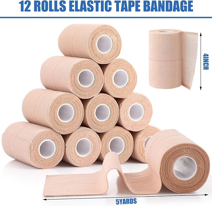 Geiserailie 12 Rolls 4 Inches Elastic Tape Adhesive Elastic Tape Self Adhesive Bandage Wrap Flexible Stretch Bandages for Sports Ankle, Knee and Wrist Sprains Animal Pets, 5 Yards