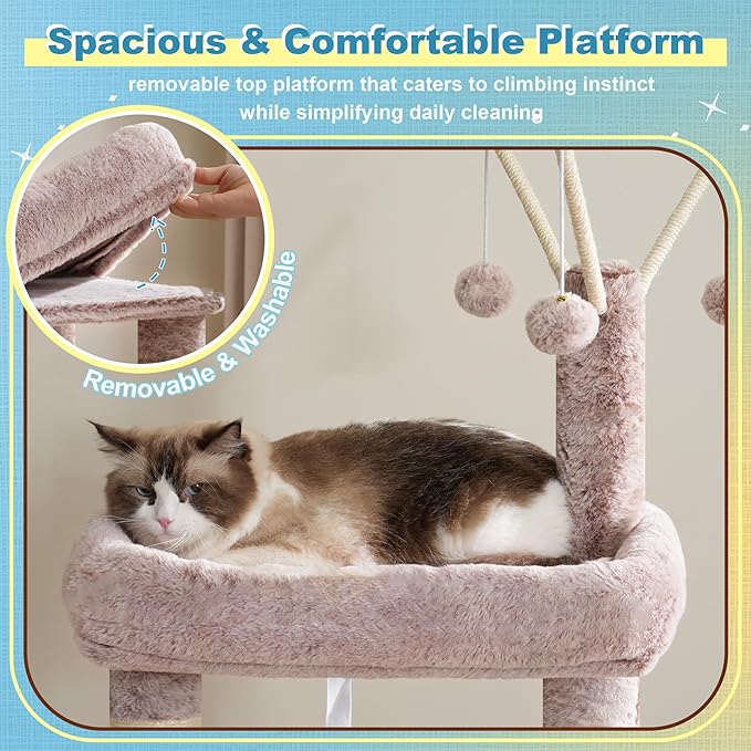 Hey-brother Cat Tree Tower, Scratching Posts with 3 Condos, Large Basket, Cozy Bed, Sisal Board, Step-by-Step Climbing Pathway and Toys, 74.8 inches Furniture for Big Indoor Cats, Muchroom MPJ081MU