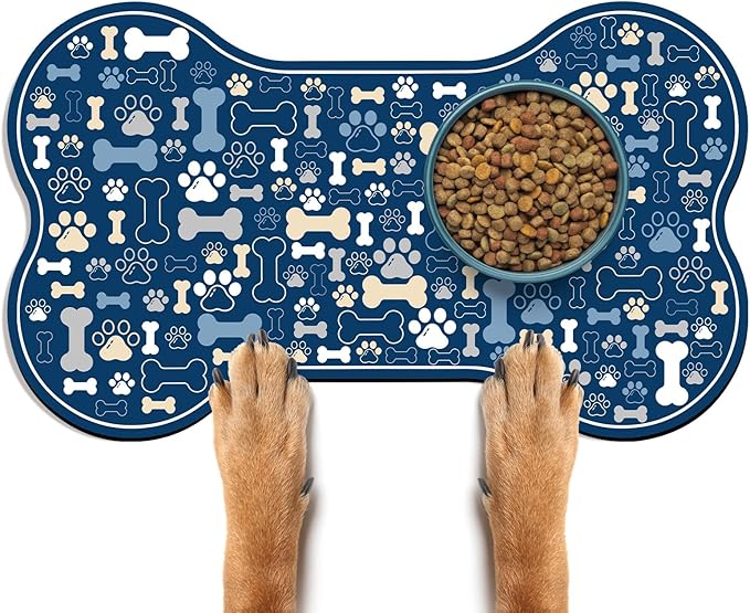 Dog & Cat Food Mat Bone Shaped Pet Feeding Mat Quick Absorb Water Bowl Placemat with Rubber Backing Indoor Floor Stain Resistant Pet Accessory Supplies (Blue, 17x29 Inches)