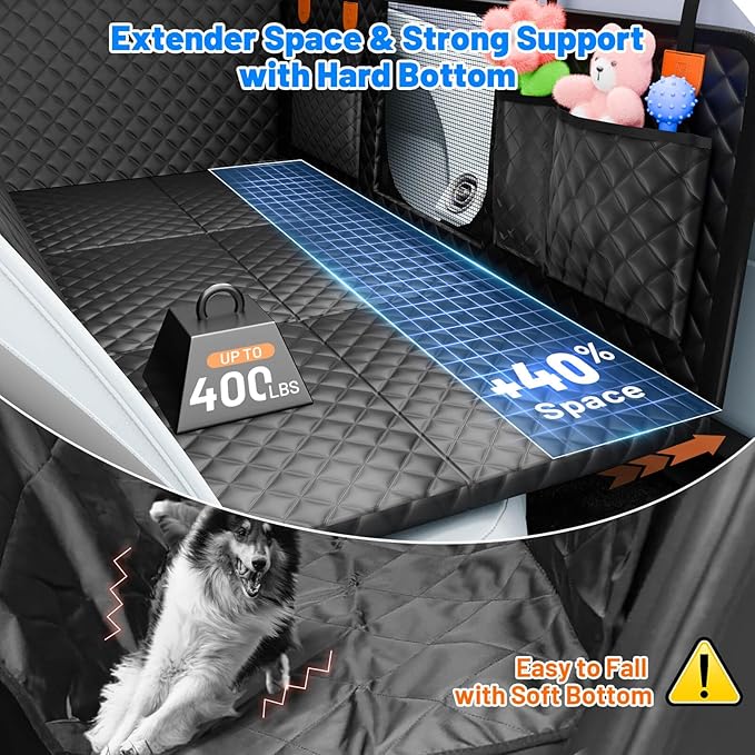 Dog Car Seat Cover for Back Seat with Hard Bottom,Waterproof Back Seat Extender for Dogs,Dog Hammock Dogs Bed for Cars, SUVs,Pet Seat Cover for Back Seat Holds 400lbs with Mesh Window & Pocket