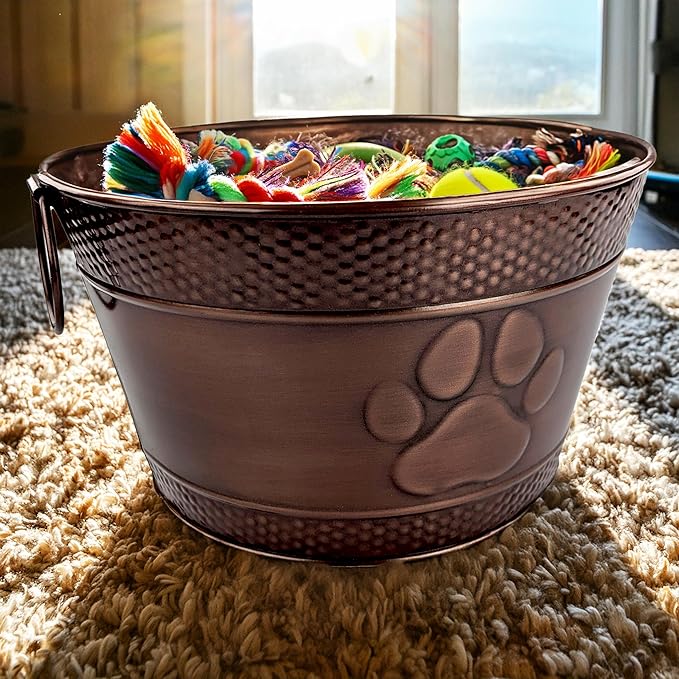 Metal Indestructible Dog Toy Bin - Storage Bin with Handles, Farmhouse Organizer Storage Basket for Pet Toys, Blankets, Leashes - Home Decor (Lead-Free Copper)