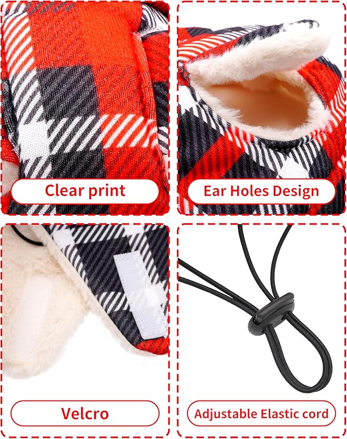 PET SHOW Dog Trapper Hat Winter Hat for Small Dogs Christmas Warm Fleece Aviator Hats with Ear Flaps Adjustable Outdoor Boy Puppy Pet Pilot Costume Cap S-Red Plaid/with Ear Holes