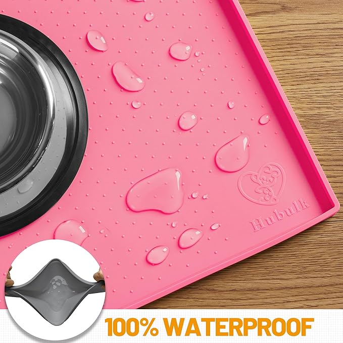 Hubulk Dog Feeding Mat,100% Waterproof Food Grade Silicone Pet Food and Water Bowl Placemat,Dishwasher, High Raised Edge to Prevent Spills,Nonslip Tray to Stop Messes on Floor (32"x24"x1.0", Pink)