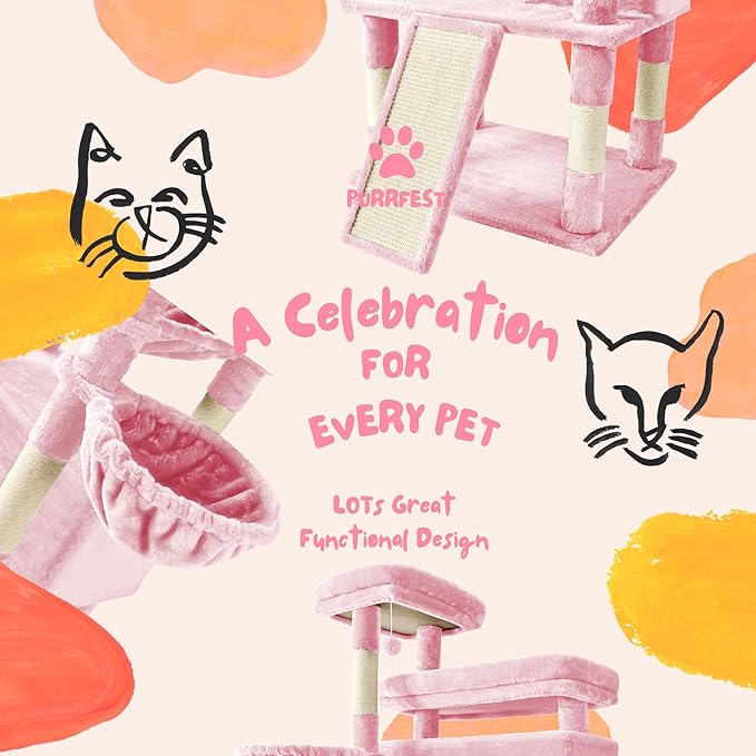 Cat Tree,80-Inch Large Cat Tower with 9 Scratching Posts, 2 Perches, 2 Caves, 2 Basket, 2 Stairs,Extra Large Hammock, Pompoms, Multi-Level Plush Cat Condo for Indoor Cats (Pink)
