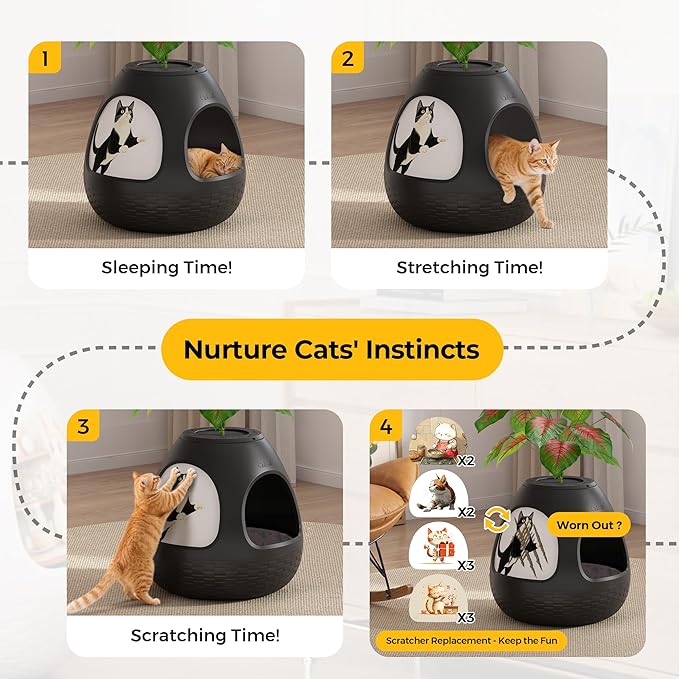 Copod8 Cat Bed Heated Pet Cave 4-in-1 Kitty Warming House Condo with Replaceable Scratching Board, Heating Pad and Air Purifier for Indoor Cats Rabbits Guinea Pigs Small Dogs (Black)