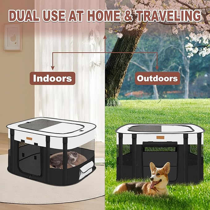 Dog Playpen - Foldable Cat Play Pens for Pubby, Kitten, Rabbit, Portable Pet Tent with Carring Bag for Indoor/Outdoor Travel Camping Black X-Large