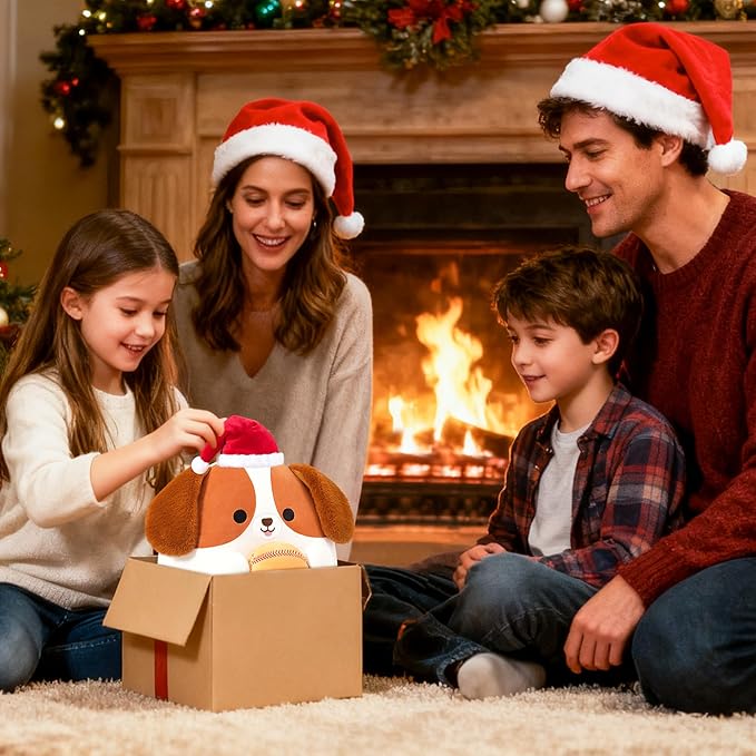 Onsoyours Original Christmas Beagle Dog Stuffed Animal with Baseball Santa Hat- 12 inch Soft Sport Puppy Plush Toy, Cute Plushies Xmas Gift for Kids & Adults Brown