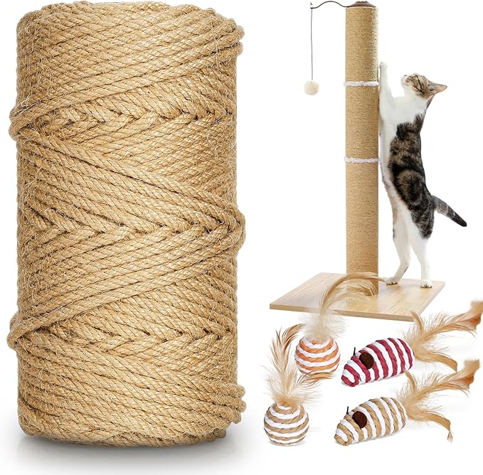 164 ft/50 m Sisal Rope for Cat Scratcher, 1/4 inch/ 6 mm Thick Twine for Cat Scratching Post Cat Tree Replacements DIY Craft Projects, Jute Hemp Rope with 4 Random Colors Cat Toys