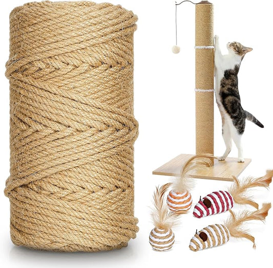 164 ft/50 m Sisal Rope for Cat Scratcher, 1/4 inch/ 6 mm Thick Twine for Cat Scratching Post Cat Tree Replacements DIY Craft Projects, Jute Hemp Rope with 4 Random Colors Cat Toys