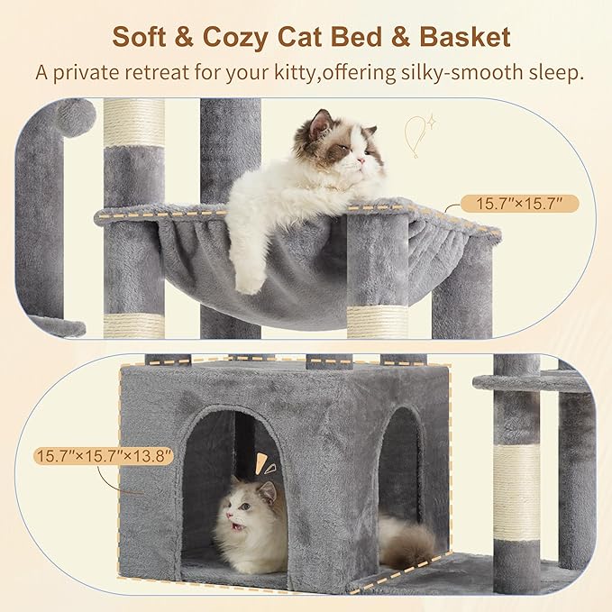 Heybly Heavy Duty Cat Tree, Tower for Indoor Cats Large Adult, Tall Cat Condo House with Extra-Large Baseboard, Multi-Level Plush Furniture with Scratching Posts, Hammock,Toy Balls,Light Gray HCT026W