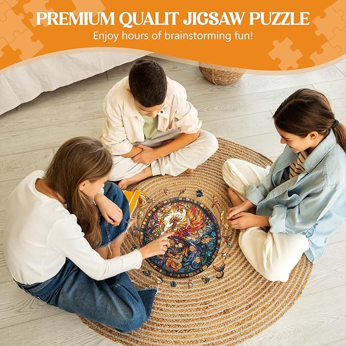 Wooden Puzzles for Adults, Stained Glass Phoenix-2 Unique Shaped Wood Puzzles Adult, Wooden Jigsaw Puzzles for Adults Kids, Creative Birthday Gifts for Friends Family Game (11.4 * 11.4in 200pcs)