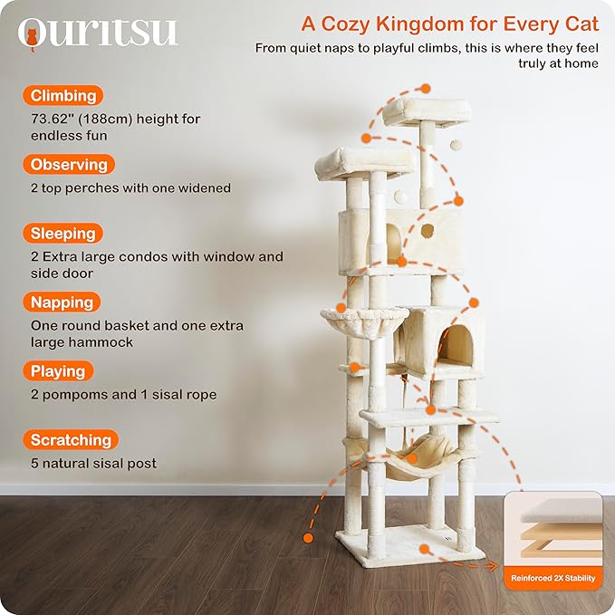 Ouritsu Cat Tree, 73.6 inch Tall Cat Climbing Tower for Large Cat Indoor with 2 Large Condos, 2 Widened Perches, Sisal Covered Scratching Posts, 2 Hammocks, Beige, XLF001WH