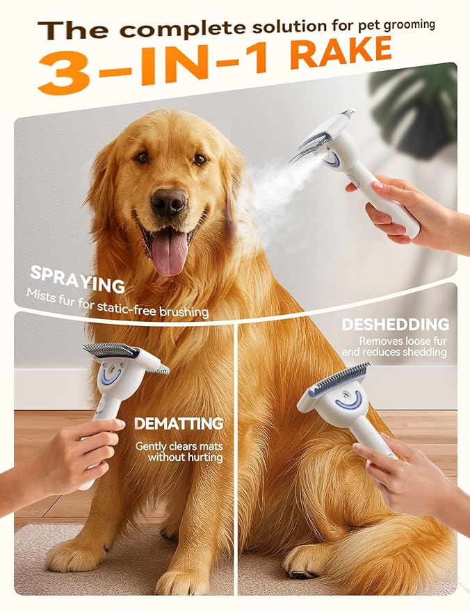 Dog Brush for Shedding, Dual-Sided Dematting and Deshedding Dog Brush with 2 Spray Levels Steam Brush, Detangling Rake for Long-Hair Dogs and Cats, for Medium-Thick Coats Prone to Tangles & Shedding
