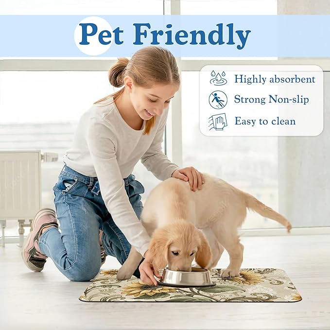 Vintage Sunflower Pet Feeding Mat for Floors–Absorbent Quick Dry Dog Cat Bowl Mat for Food and Water, Non Slip Waterproof Base, Mess-Free Feeding Accessories 16"x24"