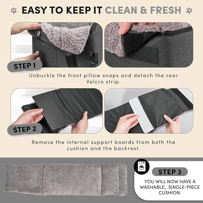 BurgeonNest Center Console Small Dog Car Seat - Portable Pet Cat Puppy Booster Armrest Carseat Up to 11lbs, Anti-Collapse Comfort Car Travel with Washable Fluffy Cushion and Pillow, Grey